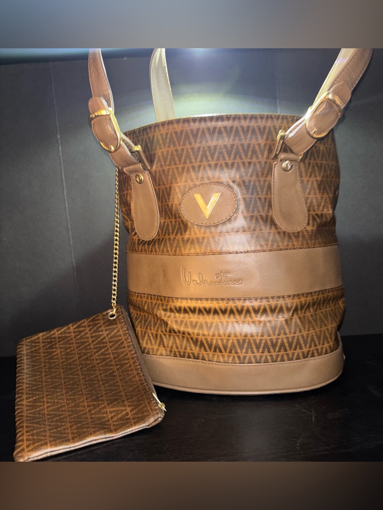 Pre Owned Valentino Brown Monogram Bucket Tote With Gold V Accent And Wristlet